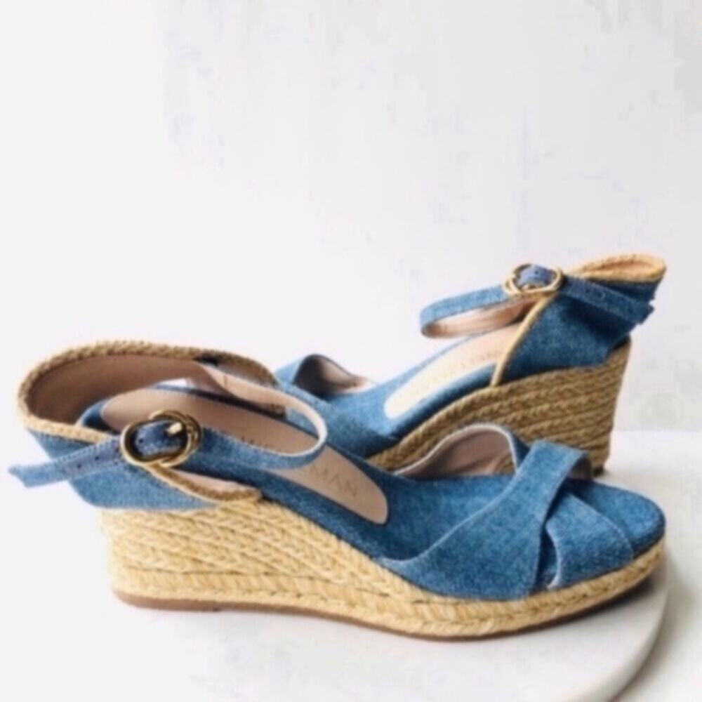 STUART WEITZMAN MIRELLA Denim Blue Wedge Espadrille Sandals